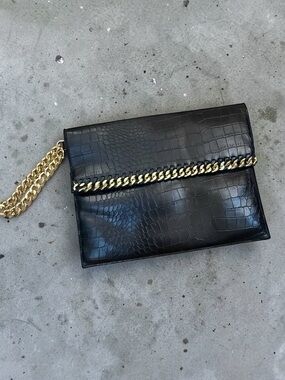 Y2K Forever 21 Black Faux Leather Wristlet with Gold Chain